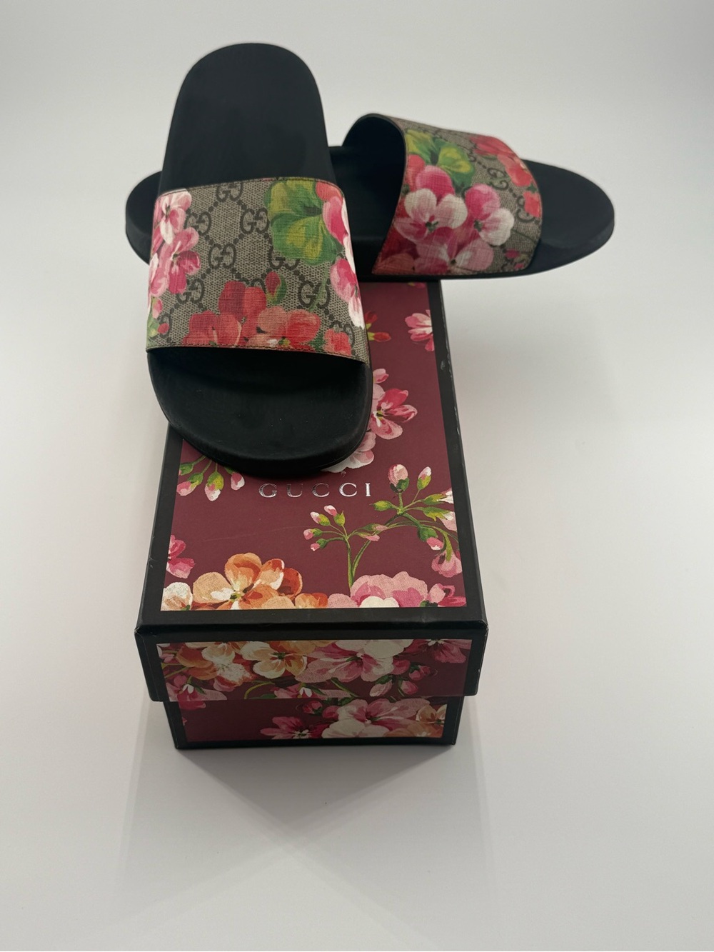 Gucci Floral Monogram Slide Sandals in Pink and Green